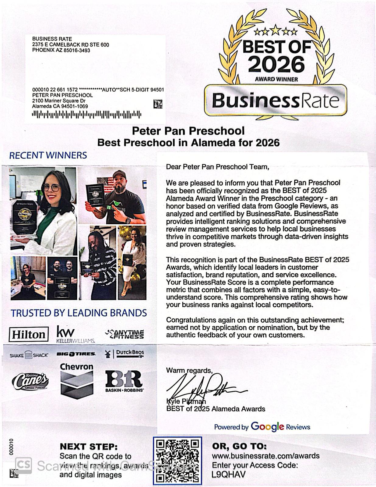 Preschool excellence achievement certificate